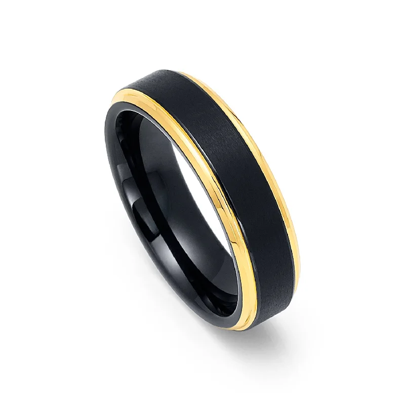 Minimalist Women's Rings with a Single Pearl in 14K Gold - Plated Bands6mm - Tungsten Black & Gold Wedding Band, Gold Stepped Edges, Brushed Ring Minimalist Women's Rings with a Single Pearl in 14K Gold - Plated Bands6mm - Tungsten Black & Gold Wedding Band, Gold Stepped Edges, Brushed Ring