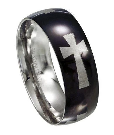 Men's leather - wrapped rings for a rustic charmBlack Stainless Steel Cross Ring-8mm Men's leather - wrapped rings for a rustic charmBlack Stainless Steel Cross Ring-8mm