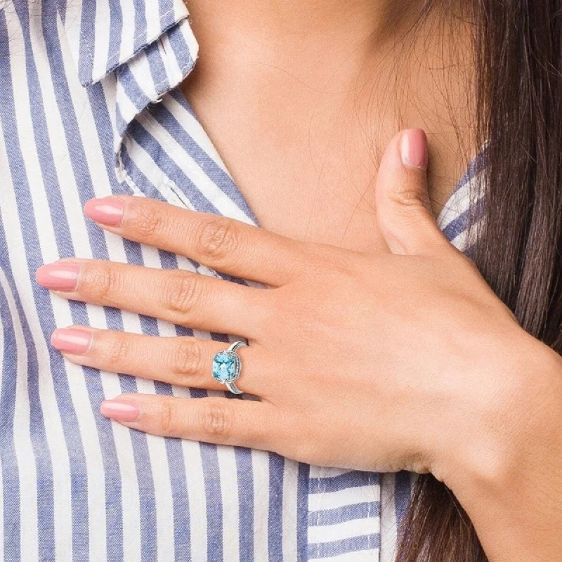 Cluster - Style Women's Diamond Rings with Multiple Small Diamonds Arranged in a Stunning PatternCurata 925 Sterling Silver Diamond and Light Swiss Blue Topaz Ring