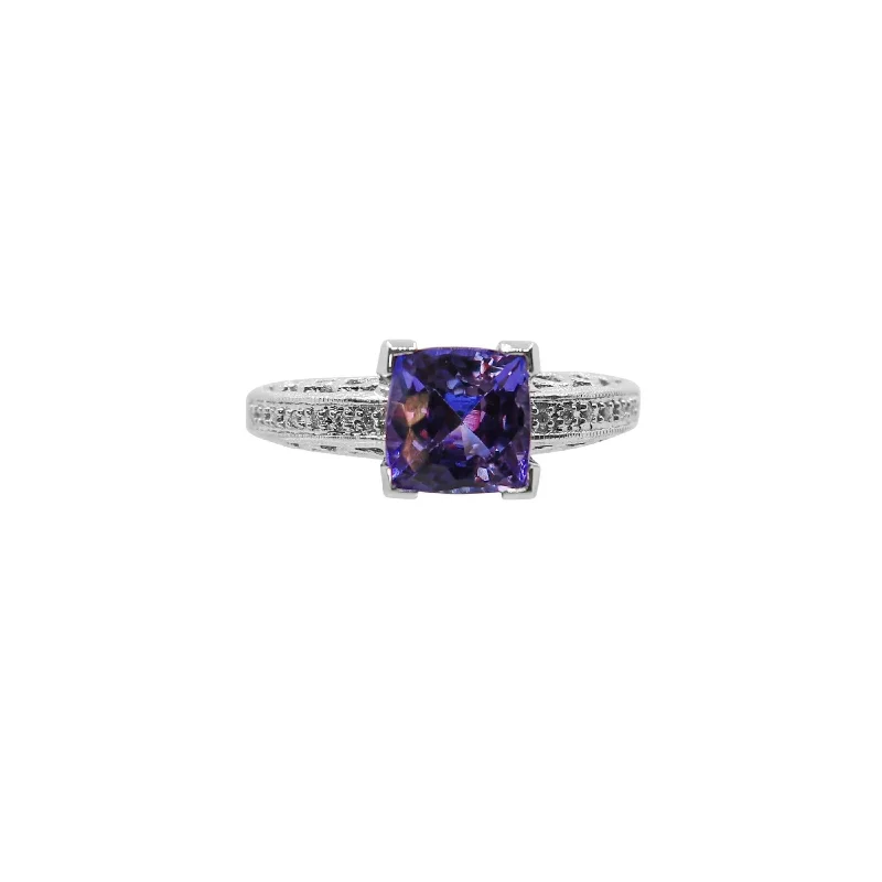Stackable Gemstone Rings for Women in Amethyst, Sapphire, and EmeraldWhite Gold Cushion Cut Tanzanite and Diamond Filigree Ring Stackable Gemstone Rings for Women in Amethyst, Sapphire, and EmeraldWhite Gold Cushion Cut Tanzanite and Diamond Filigree Ring