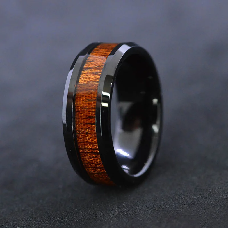 Men's rose - gold - plated rings for a trendy colorHawaii Koa Wood Inlay Black Tungsten Wedding Ring Men's rose - gold - plated rings for a trendy colorHawaii Koa Wood Inlay Black Tungsten Wedding Ring