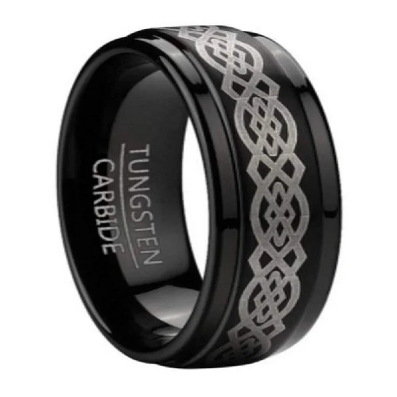 Men's skull - shaped rings for a gothic styleBlack Tungsten Men's Celtic Knot Ring Step Down Edges Ring | 9mm