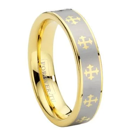 Men's two - tone rings combining silver and goldTungsten Carbide Cross Ring with Gold PVD Plating-6mm Men's two - tone rings combining silver and goldTungsten Carbide Cross Ring with Gold PVD Plating-6mm