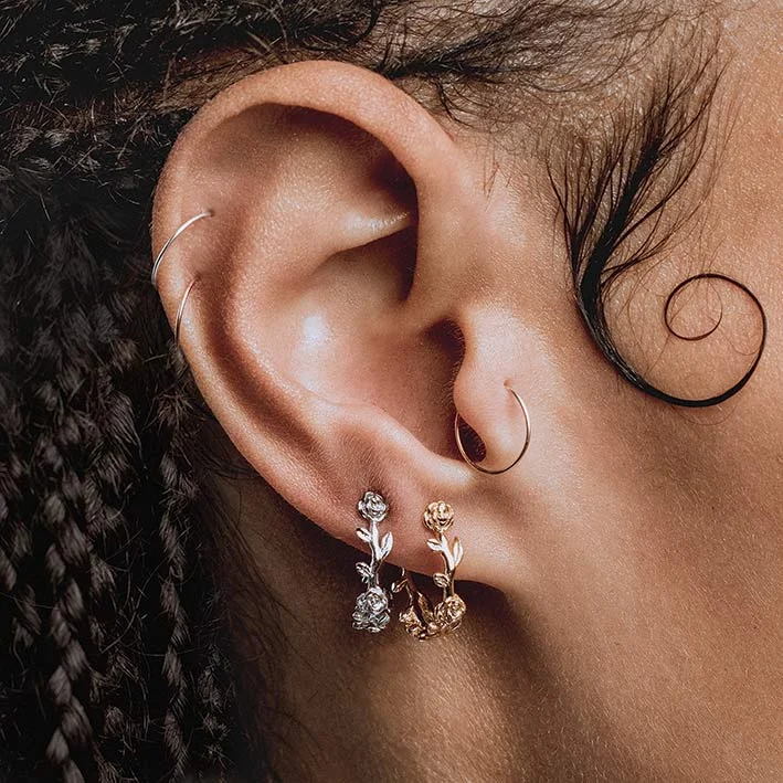 Rose gold hoop earringsSARAH. Rose Foliage Hoops - Gold