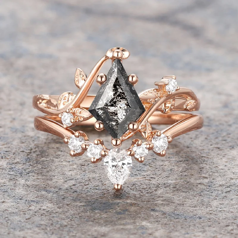 Art Deco - Inspired Women's Diamond Rings with Geometric Designs and Baguette - Cut DiamondsKite Salt and Pepper Diamonds Natural Leafy Engagement Ring Set 2pcs - Willow Art Deco - Inspired Women's Diamond Rings with Geometric Designs and Baguette - Cut DiamondsKite Salt and Pepper Diamonds Natural Leafy Engagement Ring Set 2pcs - Willow