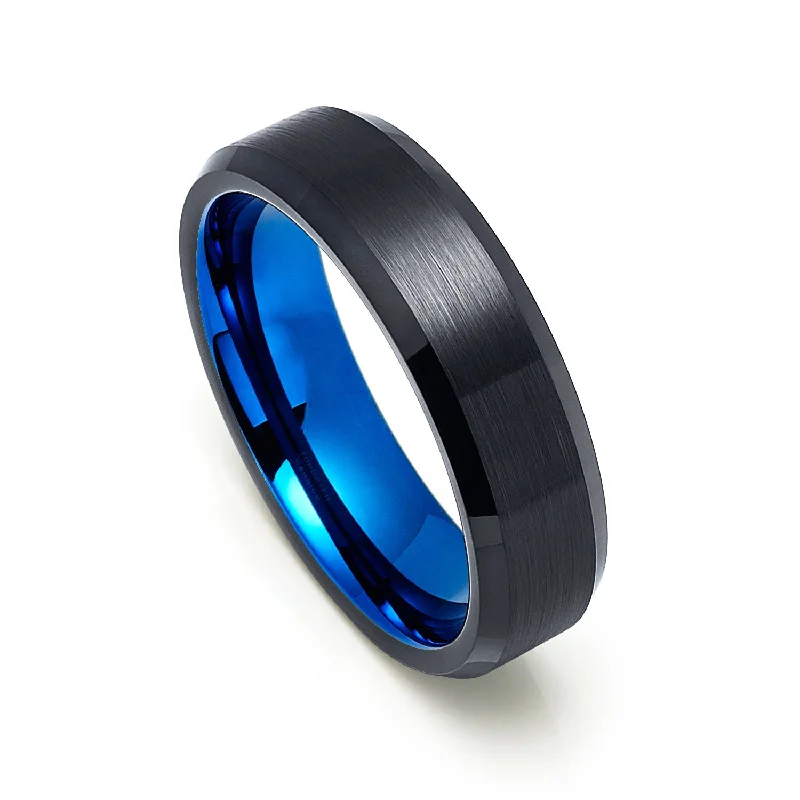 Engagement - Inspired Women's Rings with a Halo of Small Diamonds6mm - Tungsten Black & Blue Ring, Brushed Finished, Beveled Edges Engagement - Inspired Women's Rings with a Halo of Small Diamonds6mm - Tungsten Black & Blue Ring, Brushed Finished, Beveled Edges