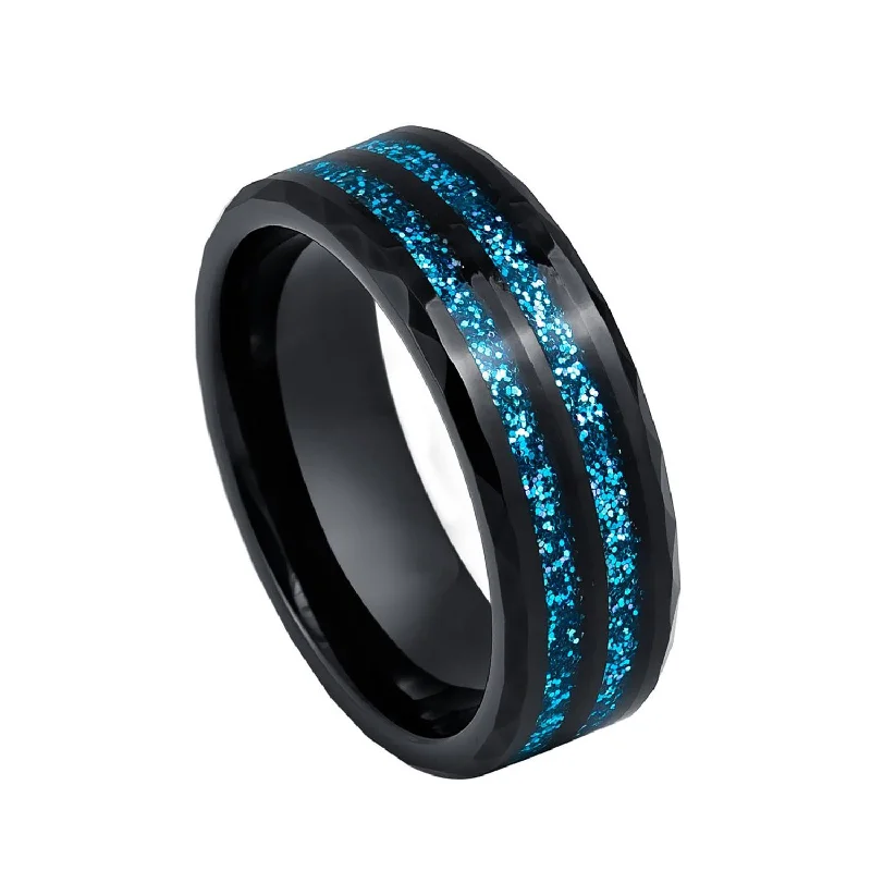Minimalist Women's Rings with a Single Pearl in 14K Gold - Plated Bands8mm- Black Tungsten wedding Ring W/ Double Barrel Blue Glitter Inlay Ring, Minimalist Women's Rings with a Single Pearl in 14K Gold - Plated Bands8mm- Black Tungsten wedding Ring W/ Double Barrel Blue Glitter Inlay Ring,