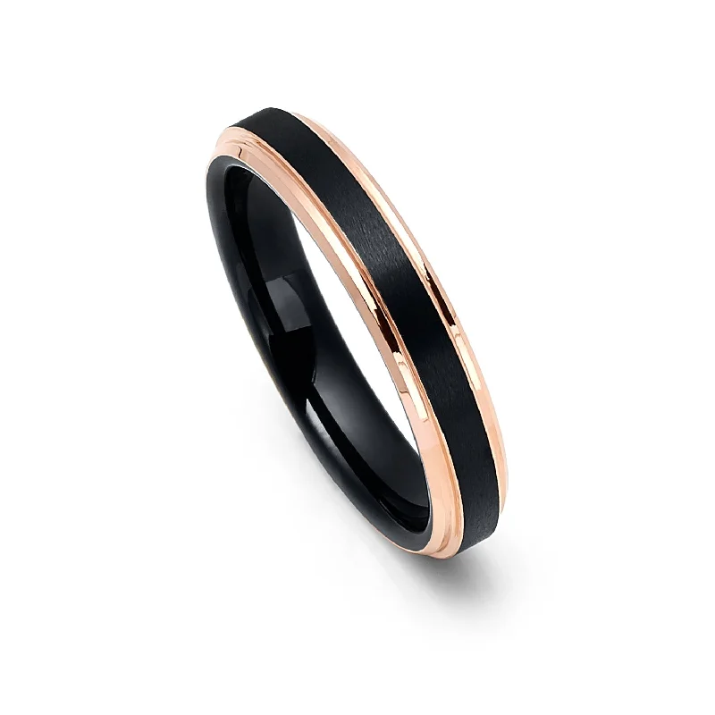 Tennis - Style Women's Rings with a Row of Round Diamonds in Platinum4mm - Rose Gold Tungsten Carbide Wedding Band - Shinny Stepped Edges Brushed Black Center