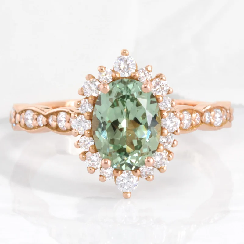 Men's Diamond Engagement Rings with Platinum Band and Halo Setting for a Luxury ProposalOval Green Sapphire Engagement Ring in Tiara Halo Diamond Scalloped Band Men's Diamond Engagement Rings with Platinum Band and Halo Setting for a Luxury ProposalOval Green Sapphire Engagement Ring in Tiara Halo Diamond Scalloped Band
