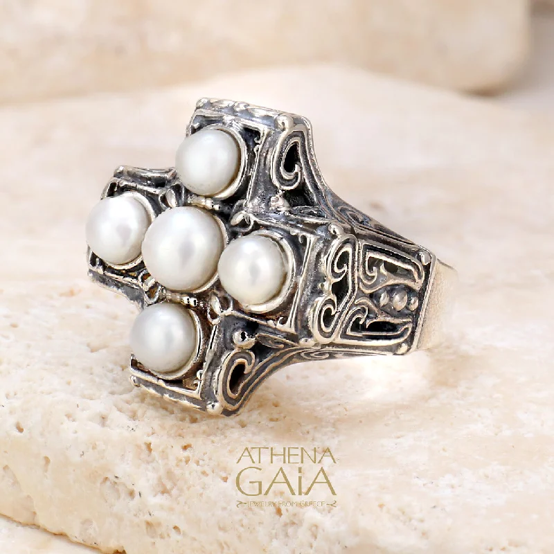 Art Deco - Inspired Women's Rings with Geometric Shapes in 14K GoldSilver Pearl Eastern Cross Ring Art Deco - Inspired Women's Rings with Geometric Shapes in 14K GoldSilver Pearl Eastern Cross Ring
