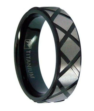 Men's Damascus - steel rings with a unique patternMen's Black Titanium Ring with X-Patterned Brushed Titanium | 7mm Men's Damascus - steel rings with a unique patternMen's Black Titanium Ring with X-Patterned Brushed Titanium | 7mm