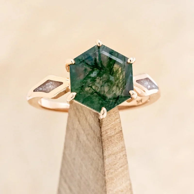 Men's Turquoise Engagement Rings in 925 Silver with a Southwestern - Inspired Band"LOVE STORY" - HEXAGON MOSS AGATE ENGAGEMENT RING WITH DIAMOND DUST INLAYS Men's Turquoise Engagement Rings in 925 Silver with a Southwestern - Inspired Band"LOVE STORY" - HEXAGON MOSS AGATE ENGAGEMENT RING WITH DIAMOND DUST INLAYS
