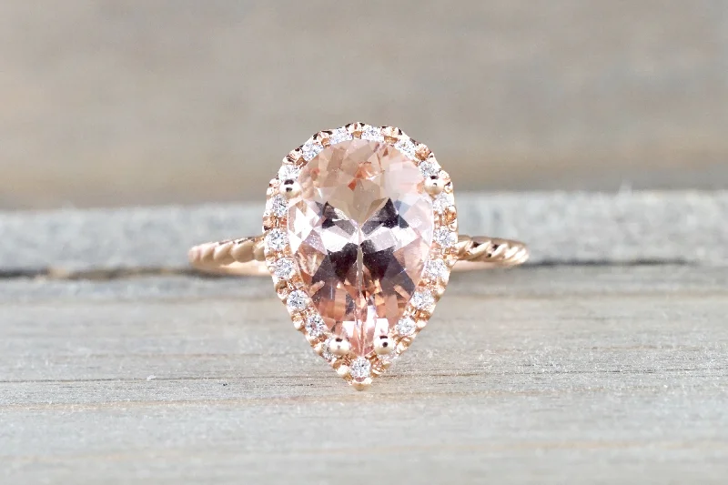 Men's diamond - encrusted engagement rings for a luxurious touchPear Morganite Diamond Halo Rope Ring Men's diamond - encrusted engagement rings for a luxurious touchPear Morganite Diamond Halo Rope Ring
