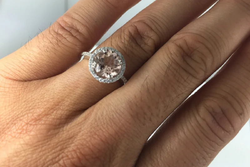 Men's emerald - encrusted rings for a rich green tone14k White Gold Round Pink Peach Morganite Diamond Halo Engagement Ring 8mm Men's emerald - encrusted rings for a rich green tone14k White Gold Round Pink Peach Morganite Diamond Halo Engagement Ring 8mm