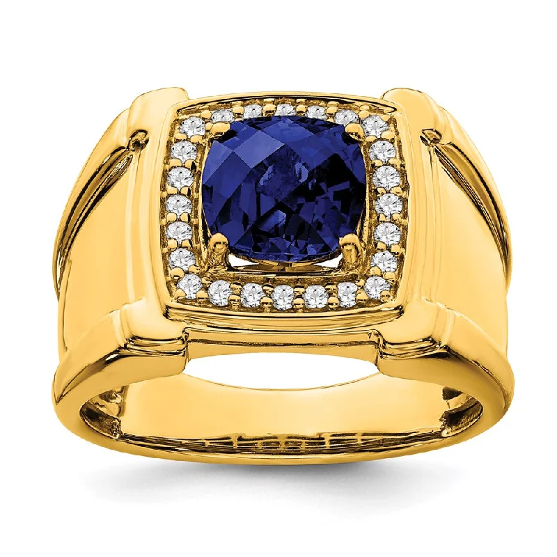 Men's shock - resistant rings for durability14K Yellow Gold Created Checkerboard Sapphire and Diamond Mens Ring