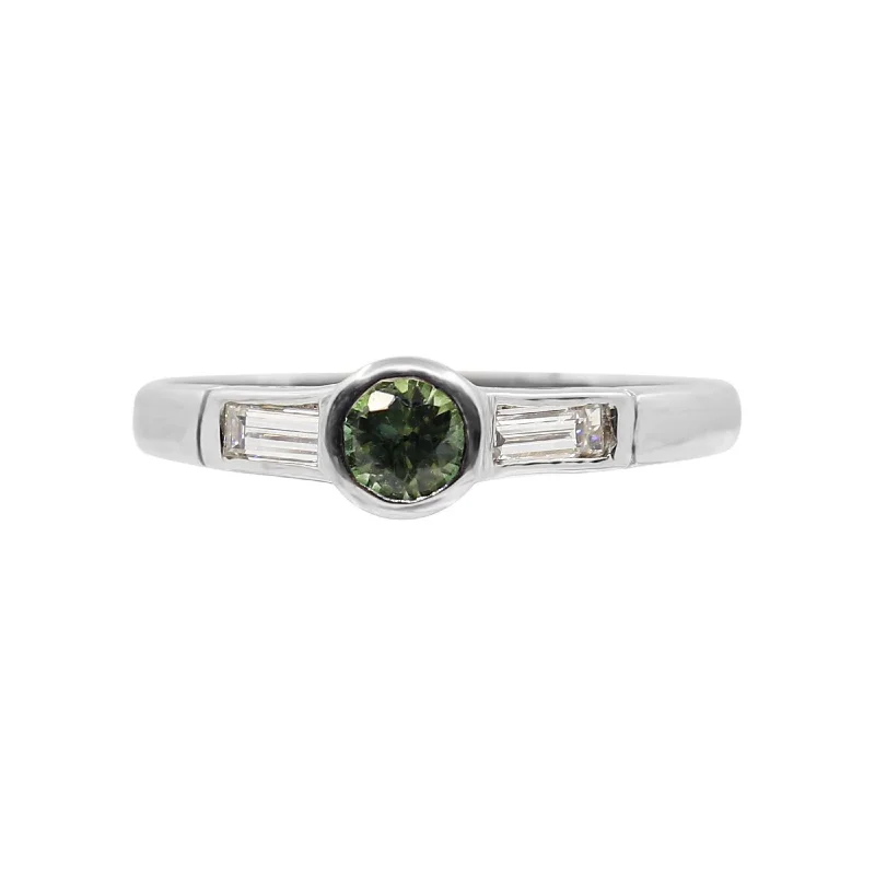 Vintage - Inspired Filigree - Design Women's Rings in Sterling SilverWhite Gold Tube Set Ring with Green Tourmaline and Baguette Diamonds Vintage - Inspired Filigree - Design Women's Rings in Sterling SilverWhite Gold Tube Set Ring with Green Tourmaline and Baguette Diamonds