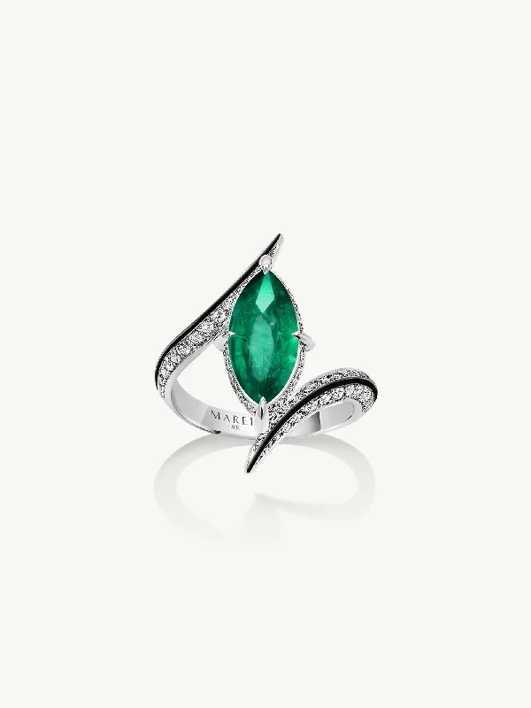 Enamel - Coated Women's Rings in Bright, Bold ColorsAyla Arabesque Brilliant Marquise-Cut Emerald Ring With Pavé White Diamonds & Enamel In 18K White Gold Enamel - Coated Women's Rings in Bright, Bold ColorsAyla Arabesque Brilliant Marquise-Cut Emerald Ring With Pavé White Diamonds & Enamel In 18K White Gold