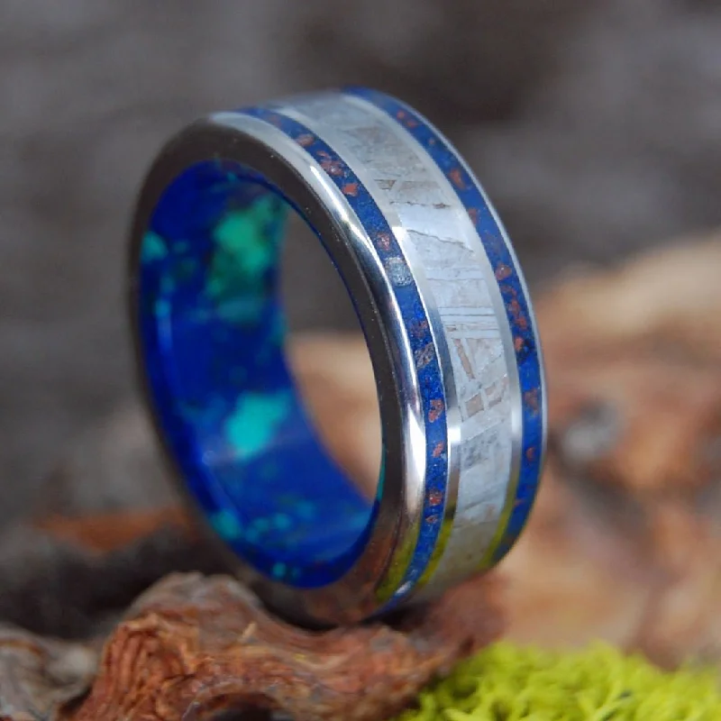 Men's laser - engraved rings with custom messagesMeteorite Hits Utah | Men's Meteorite, Utah Earth, Azurite Stone & Titanium Wedding Ring