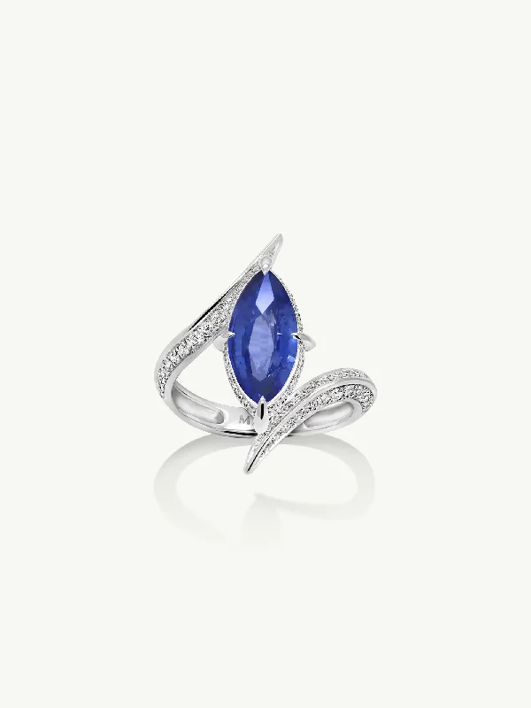 Women's 18K Gold Solitaire Diamond Ring for an Elegant Everyday LookAyla Arabesque Engagement Ring with Marquise-Cut Cornflower Blue Sapphire & Pavé-Set Brilliant White Diamonds In 18K White Gold Women's 18K Gold Solitaire Diamond Ring for an Elegant Everyday LookAyla Arabesque Engagement Ring with Marquise-Cut Cornflower Blue Sapphire & Pavé-Set Brilliant White Diamonds In 18K White Gold