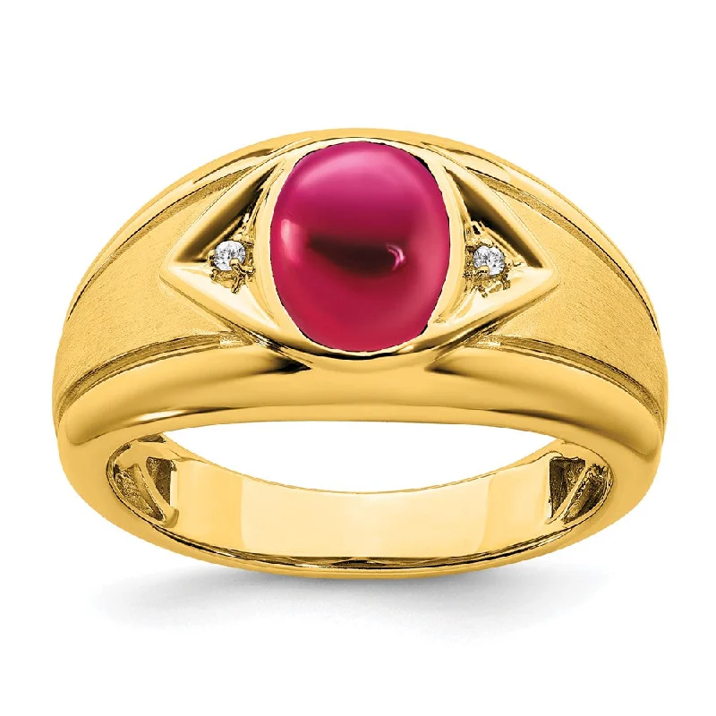 Men's laser - engraved rings with custom messages14K Yellow Gold Created Ruby and Diamond Mens Ring