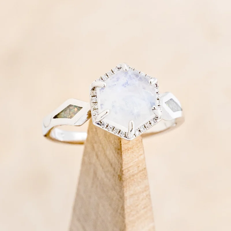 Men's Moonstone Engagement Rings in Silver - Plated Copper with a Celtic Knot Pattern"CRAZY ON YOU" - HEXAGON MOONSTONE ENGAGEMENT RING WITH DIAMOND HALO & WHITE OPAL INLAYS Men's Moonstone Engagement Rings in Silver - Plated Copper with a Celtic Knot Pattern"CRAZY ON YOU" - HEXAGON MOONSTONE ENGAGEMENT RING WITH DIAMOND HALO & WHITE OPAL INLAYS
