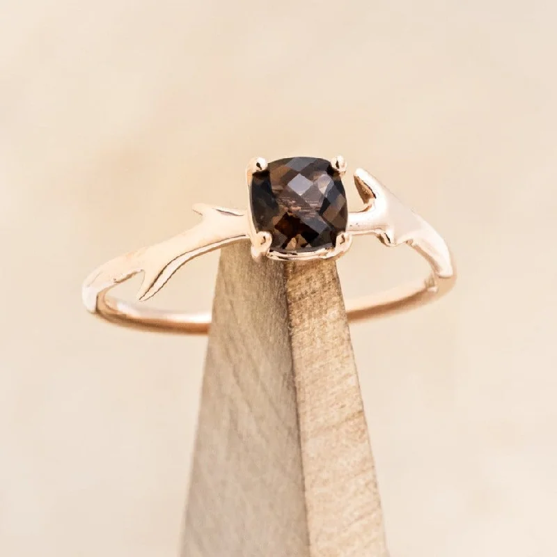 Men's Tourmaline Engagement Rings in 18K Two - Tone Gold with a Floral - Inspired Setting"ARTEMIS" - CUSHION CUT SMOKY QUARTZ ENGAGEMENT RING WITH AN ANTLER-STYLE BAND