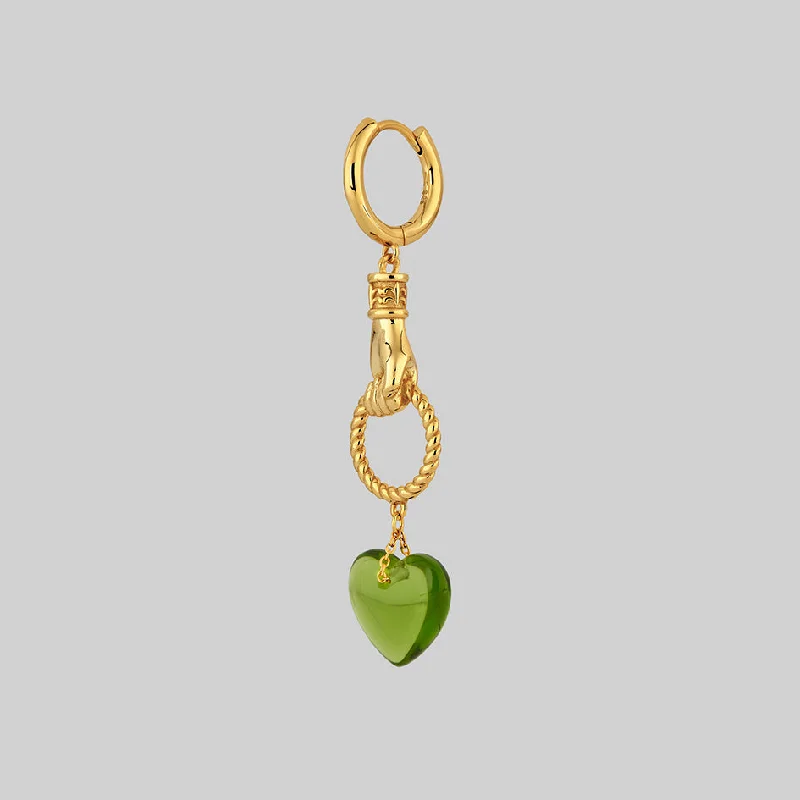 Statement hoop earringsUNITE. Hand Grasping Green Glass Heart Earrings - Gold