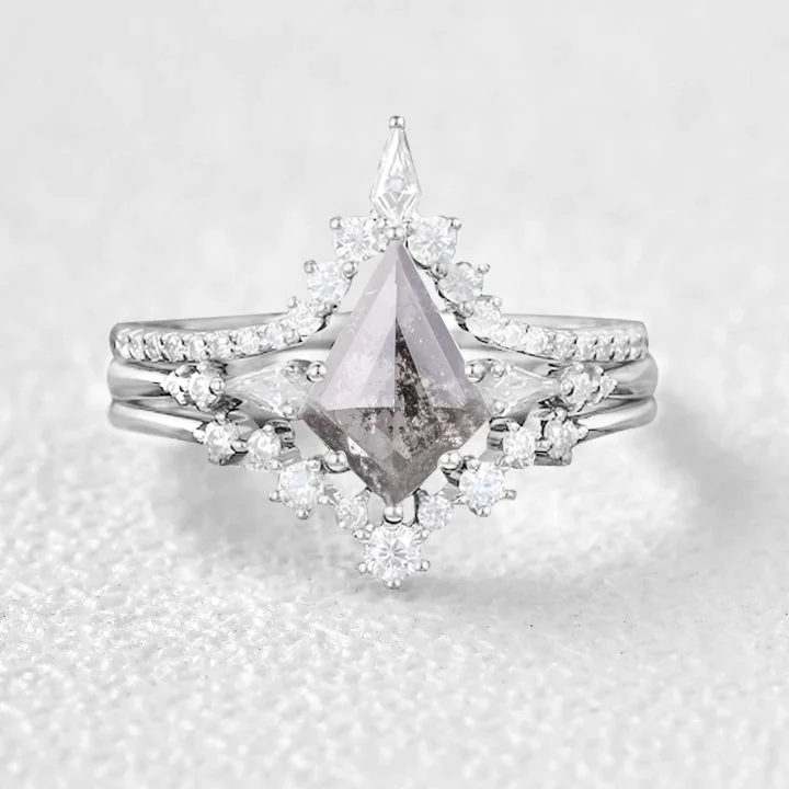 Women's Solitaire Diamond Rings with Round - Cut Diamonds and Platinum Settings for an Elegant EngagementThree Kite Cut Salt and Pepper Diamonds Ring Set 3pcs Women's Solitaire Diamond Rings with Round - Cut Diamonds and Platinum Settings for an Elegant EngagementThree Kite Cut Salt and Pepper Diamonds Ring Set 3pcs
