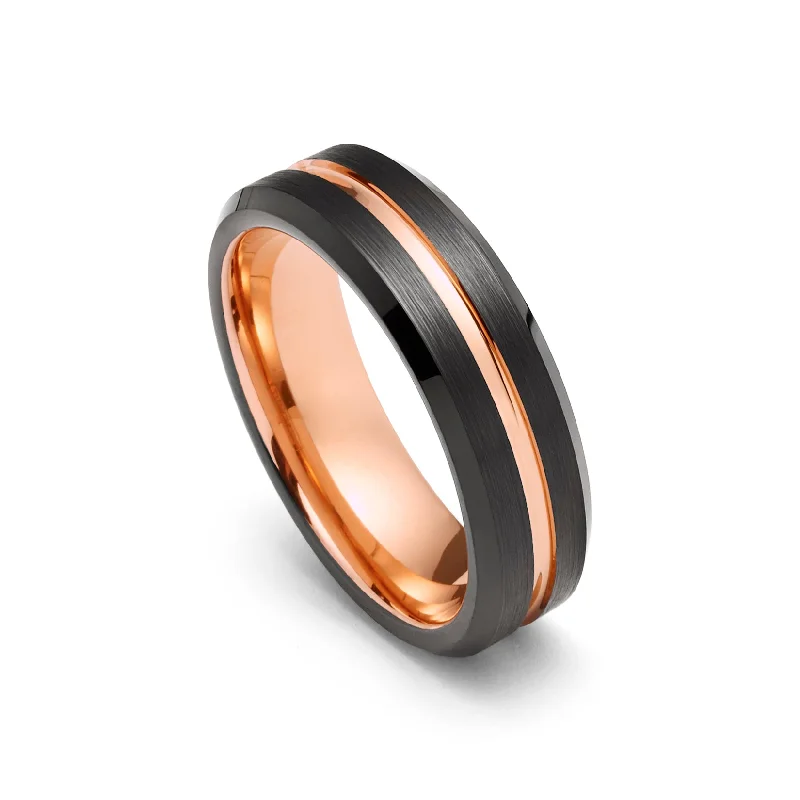 Boho - Style Women's Rings with Turquoise and Leather Accents6mm - Black & Rose Gold Tungsten Carbide Wedding Band Grooved Beveled Edges Boho - Style Women's Rings with Turquoise and Leather Accents6mm - Black & Rose Gold Tungsten Carbide Wedding Band Grooved Beveled Edges
