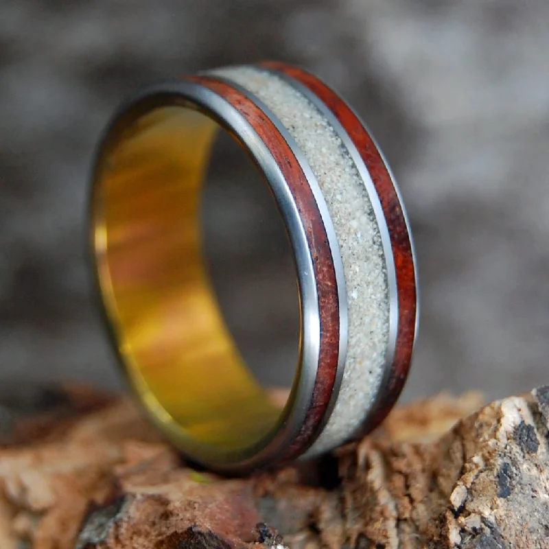 Men's rose - gold - plated rings for a trendy colorWood & Beach Sunset | Men's Amboyna Burl, Beach Sand & Titanium Wedding Ring