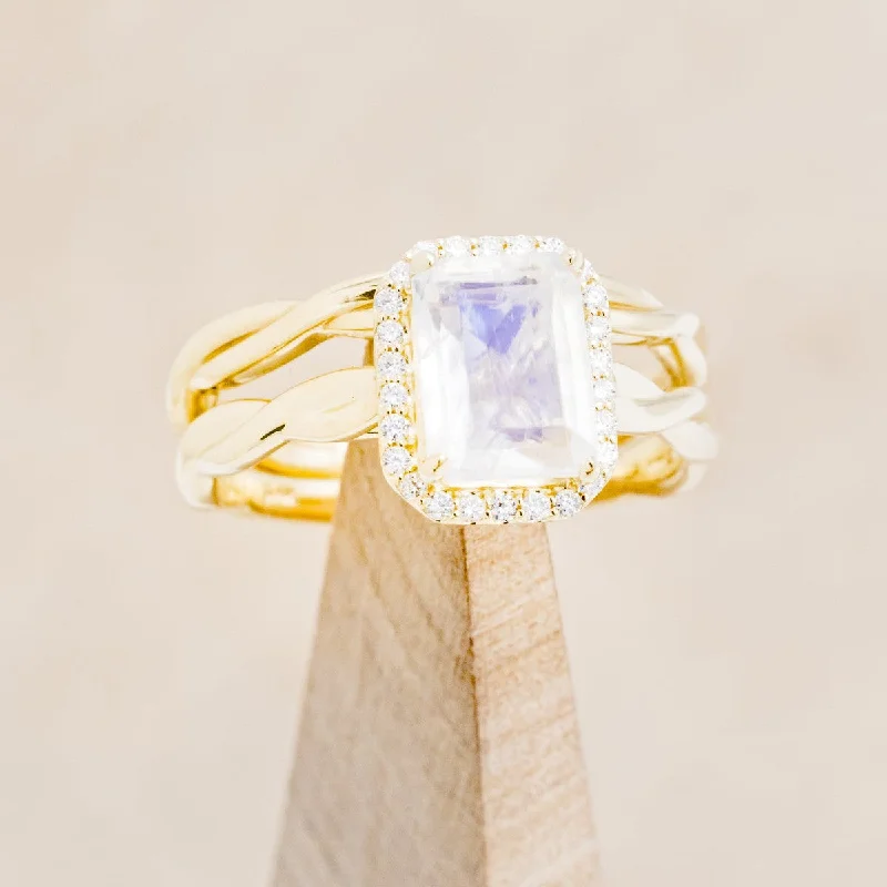 Men's Tanzanite Engagement Rings in Palladium with a Three - Stone Arrangement"EVERLEIGH" - EMERALD CUT MOONSTONE ENGAGEMENT RING WITH DIAMOND HALO & WOVEN STACKING BAND Men's Tanzanite Engagement Rings in Palladium with a Three - Stone Arrangement"EVERLEIGH" - EMERALD CUT MOONSTONE ENGAGEMENT RING WITH DIAMOND HALO & WOVEN STACKING BAND