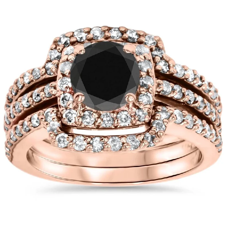 Heart - Shaped Women's Diamond Rings in Rose Gold for a Romantic and Symbolic Gift1 3/4ct Black Diamond Rose Gold Cushion Halo Ring Set