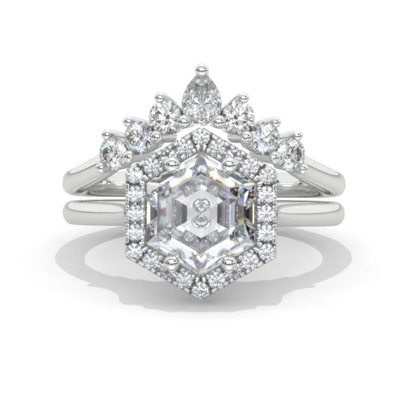 Men's Peridot Engagement Rings in 14K Gold - Filled Metal with a Micro - Pave Setting4 Carat Hexagon Moissanite Halo 14K White Gold Engagement Ring, Eternity Ring Set