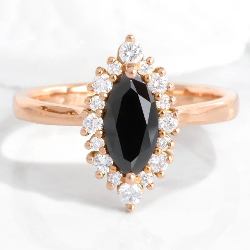 Vintage - Style Women's Diamond Rings with Floral - Engraved Bands and Multiple Diamond AccentsMarquise Black Diamond Ring in Tiara Halo Tapered Band Vintage - Style Women's Diamond Rings with Floral - Engraved Bands and Multiple Diamond AccentsMarquise Black Diamond Ring in Tiara Halo Tapered Band