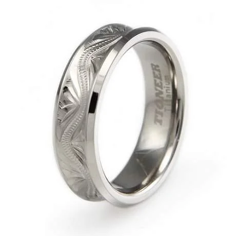 Men's silicone fitness rings for active lifestylesTitanium Handcrafted Floral Design Concave Wedding Band-6mm Men's silicone fitness rings for active lifestylesTitanium Handcrafted Floral Design Concave Wedding Band-6mm