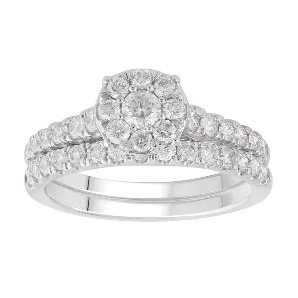 Channel - Set Women's Diamond Rings with Diamonds Securely Held in a Metal Groove for Durability18ct White Gold Diamond Halo Bridal Set Channel - Set Women's Diamond Rings with Diamonds Securely Held in a Metal Groove for Durability18ct White Gold Diamond Halo Bridal Set