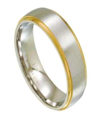 Men's hematite - ring for a metallic gray lusterMen's Stainless Steel Wedding Band, Gold Step Down Edges | 7mm