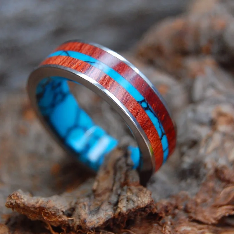 Men's ruby - adorned rings for a bold red colorFlat In The Midst Of The Waters | Men's Bloodwood, Turquoise & Titanium Wedding Ring
