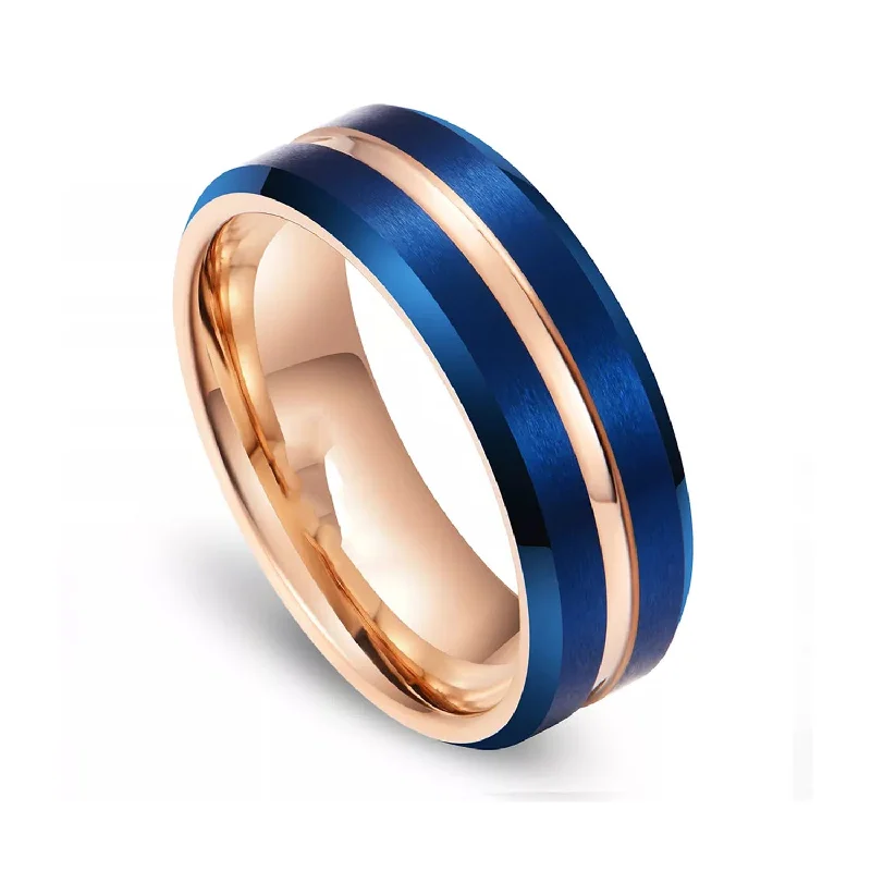 Tennis - Style Women's Rings with a Row of Round Diamonds in Platinum8mm - Rose Gold & Blue Brush Matte Finish Tungsten Carbide Ring Beveled Edge Tennis - Style Women's Rings with a Row of Round Diamonds in Platinum8mm - Rose Gold & Blue Brush Matte Finish Tungsten Carbide Ring Beveled Edge
