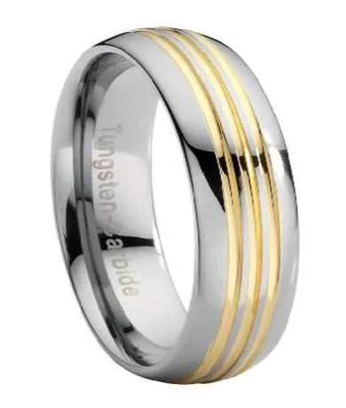 Men's meteorite - inlay rings for a cosmic touchTungsten Wedding Band with Three Gold Grooves -7mm Men's meteorite - inlay rings for a cosmic touchTungsten Wedding Band with Three Gold Grooves -7mm