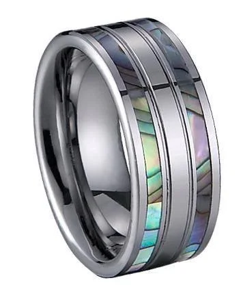 Men's opal - featured rings with iridescent colorsTungsten Ring with Two Row Shell Inlay -8mm Men's opal - featured rings with iridescent colorsTungsten Ring with Two Row Shell Inlay -8mm