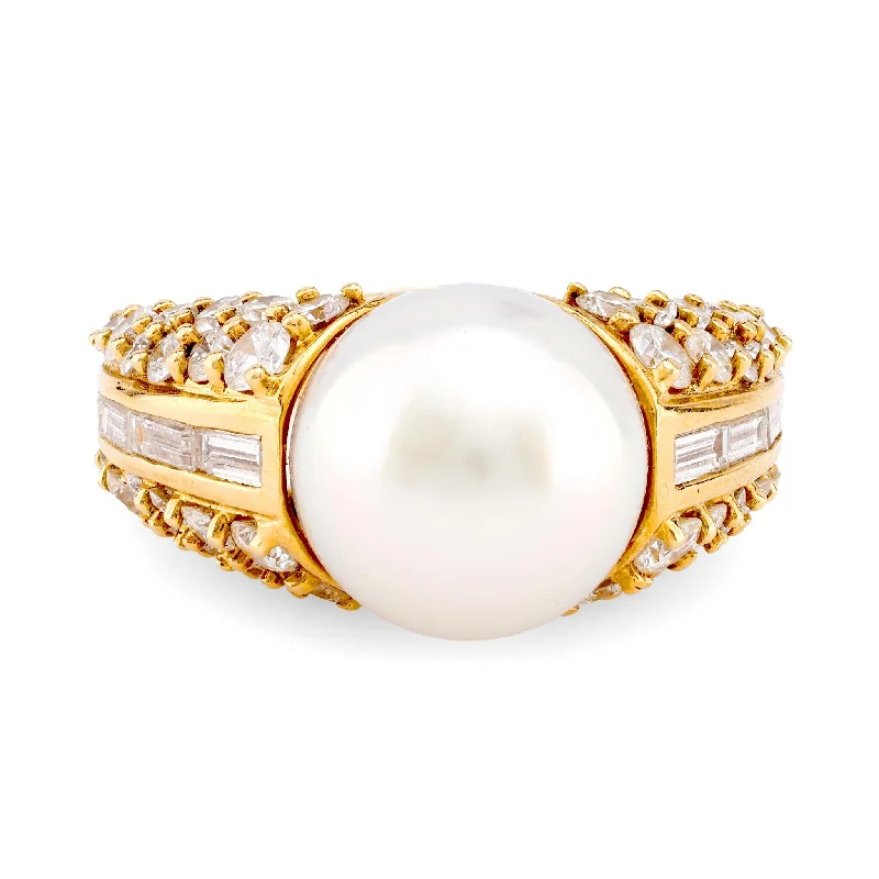 Round - cut diamond engagement ring with a twisted band design in 14K white goldVintage Cultured Pearl Diamond 18K Yellow Gold Cocktail Ring Round - cut diamond engagement ring with a twisted band design in 14K white goldVintage Cultured Pearl Diamond 18K Yellow Gold Cocktail Ring