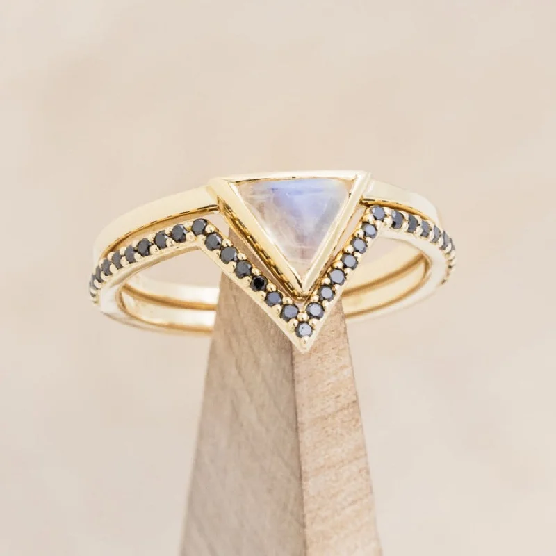Men's Opal Engagement Rings in 10K Gold with a Milgrain - Trimmed Band"JENNY FROM THE BLOCK" - TRIANGLE CABOCHON CUT MOONSTONE ENGAGEMENT RING WITH BLACK DIAMOND V-SHAPED TRACER Men's Opal Engagement Rings in 10K Gold with a Milgrain - Trimmed Band"JENNY FROM THE BLOCK" - TRIANGLE CABOCHON CUT MOONSTONE ENGAGEMENT RING WITH BLACK DIAMOND V-SHAPED TRACER