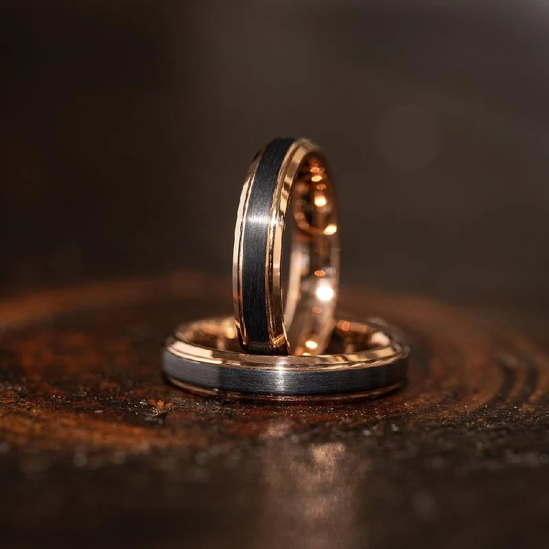 Silicone Women's Rings for a Comfortable and Durable Option"Apollo" Womens Tungsten Carbide Ring- Black w/ Rose Gold Strip- 4mm Silicone Women's Rings for a Comfortable and Durable Option"Apollo" Womens Tungsten Carbide Ring- Black w/ Rose Gold Strip- 4mm