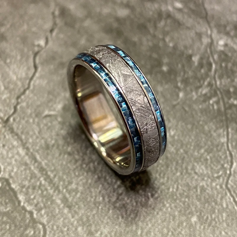 Titanium Rings with a Mosaic - Inspired Inlay of Small StonesMeteorite with Twin Light Blue Carbon Fiber Titanium Rings with a Mosaic - Inspired Inlay of Small StonesMeteorite with Twin Light Blue Carbon Fiber