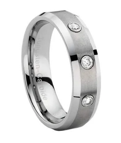 Men's polished brass rings with a warm glowTungsten Wedding Band with Three CZ's and Beveled Edges-7mm Men's polished brass rings with a warm glowTungsten Wedding Band with Three CZ's and Beveled Edges-7mm