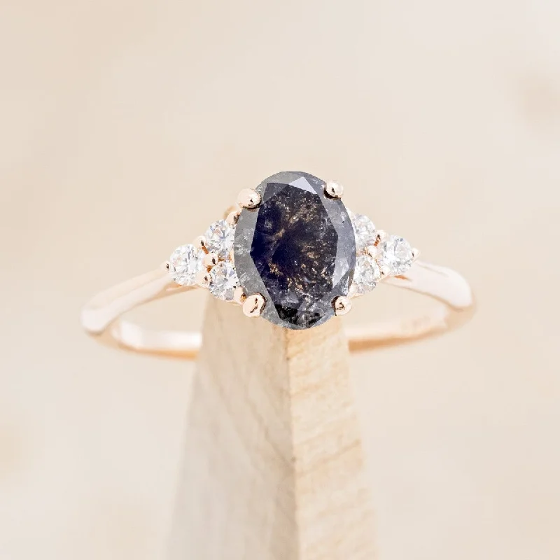 Men's Garnet Engagement Rings in 18K Gold Vermeil with Intricate Engraved Details"RHEA" - OVAL CUT SALT & PEPPER DIAMOND ENGAGEMENT RING WITH DIAMOND ACCENTS Men's Garnet Engagement Rings in 18K Gold Vermeil with Intricate Engraved Details"RHEA" - OVAL CUT SALT & PEPPER DIAMOND ENGAGEMENT RING WITH DIAMOND ACCENTS