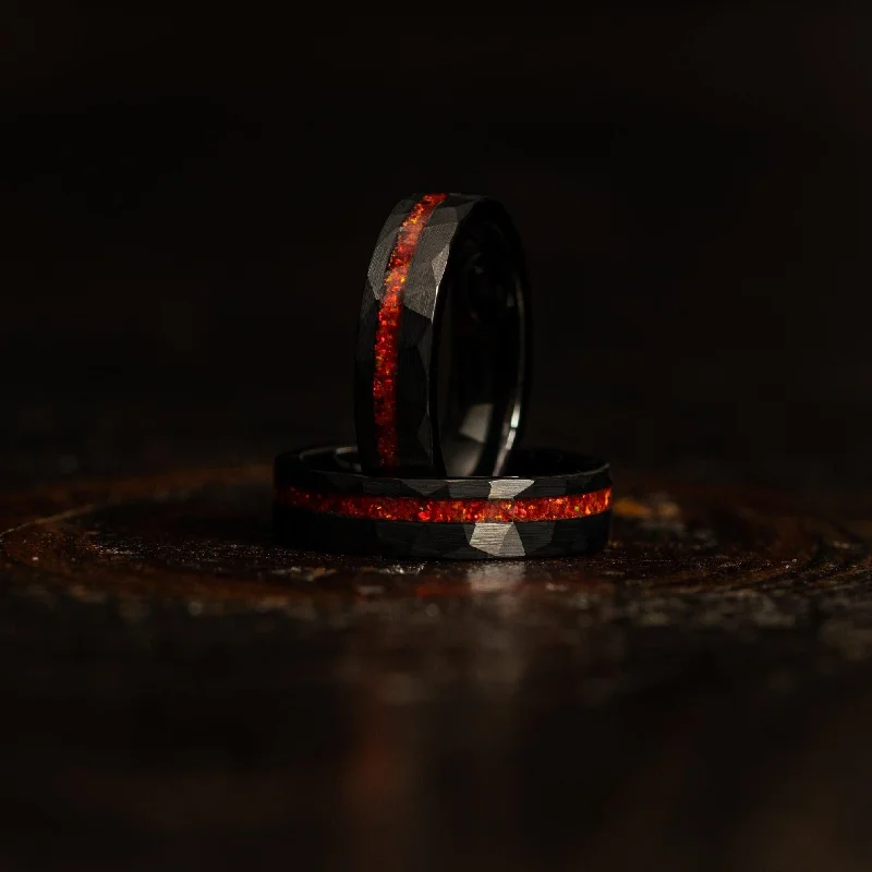 Minimalist Women's Rings with a Single Pearl in 14K Gold - Plated Bands"Zeus" Womens Hammered Tungsten Carbide Ring- Black w/ Red Opal Strip- 5mm Minimalist Women's Rings with a Single Pearl in 14K Gold - Plated Bands"Zeus" Womens Hammered Tungsten Carbide Ring- Black w/ Red Opal Strip- 5mm