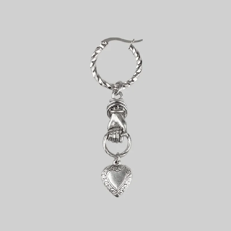 Gold hoop earringsALL OF ME. Hand Grasping Heart Earrings - Silver