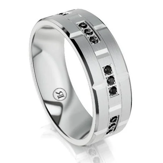 Three - Stone Women's Diamond Rings Symbolizing Past, Present, and Future with Emerald - Cut DiamondsThe Elliott White Gold & Black Diamond Mens Wedding Ring Three - Stone Women's Diamond Rings Symbolizing Past, Present, and Future with Emerald - Cut DiamondsThe Elliott White Gold & Black Diamond Mens Wedding Ring
